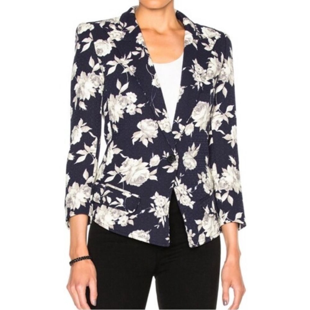 SMYTHE Navy Blue Cream Floral Sharp Shoulder Blazer